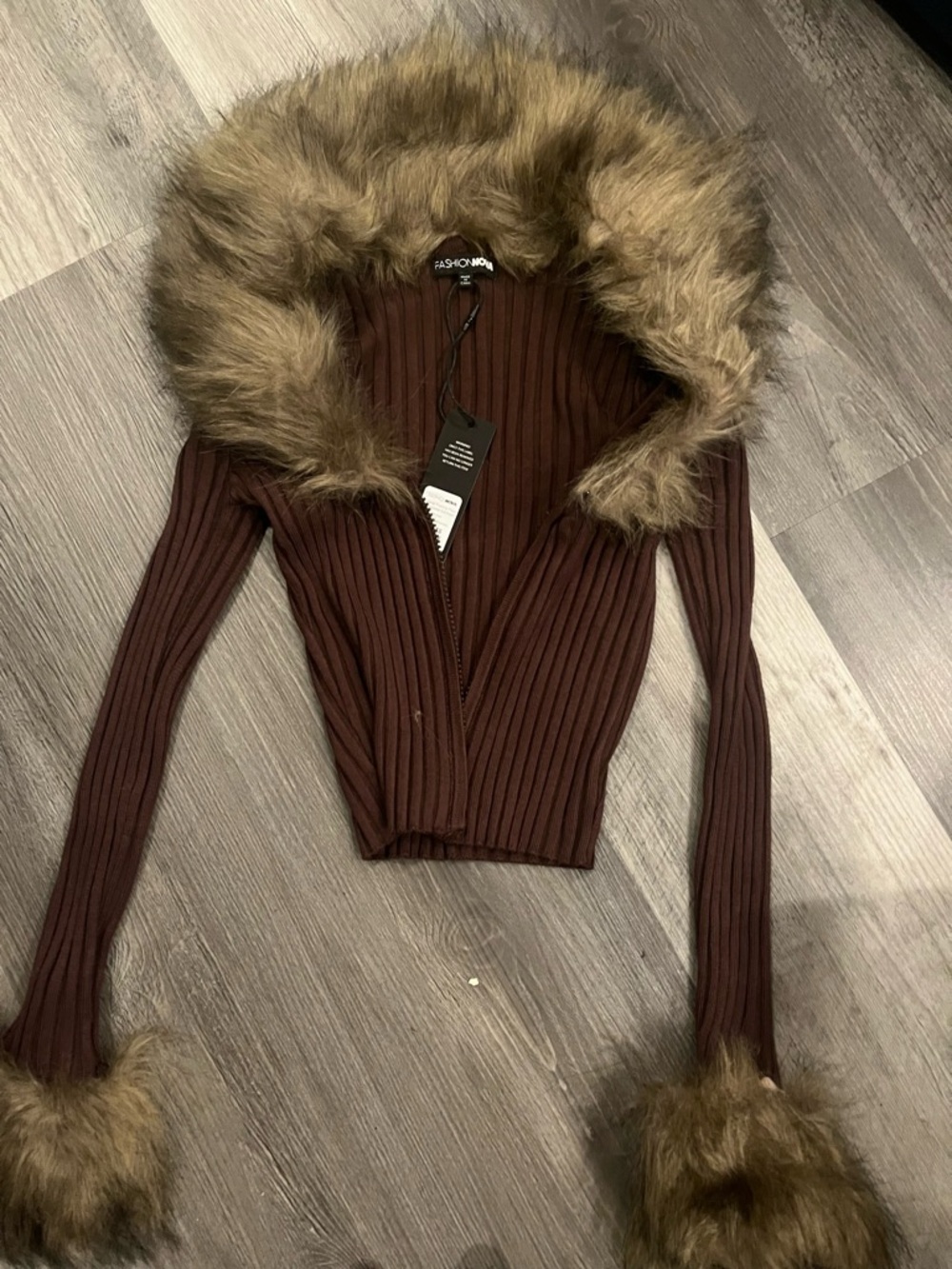 Fashion Nova Brown Ribbed Cropped Zip Hoodie with Faux Fur Trim